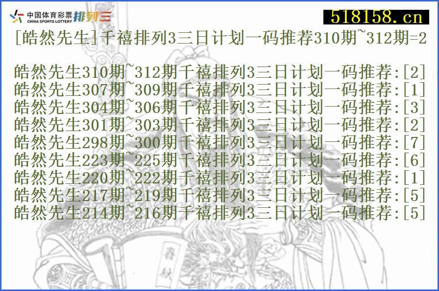 [皓然先生]千禧排列3三日计划一码推荐310期~312期=2