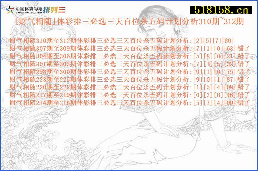 [财气相随]体彩排三必选三天百位杀五码计划分析310期~312期