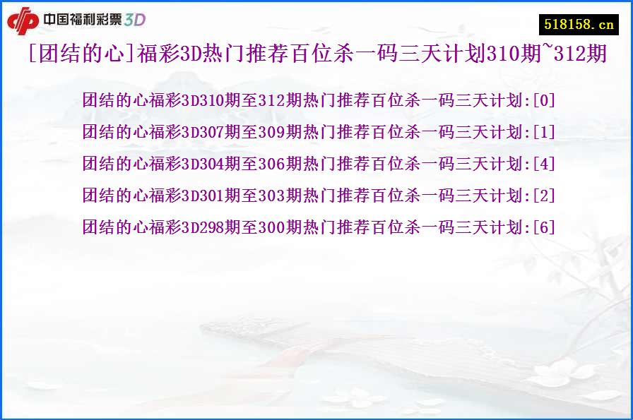 [团结的心]福彩3D热门推荐百位杀一码三天计划310期~312期