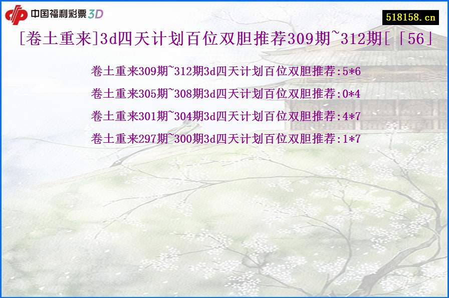 [卷土重来]3d四天计划百位双胆推荐309期~312期[「56」