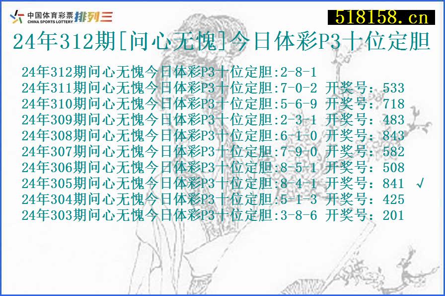 24年312期[问心无愧]今日体彩P3十位定胆