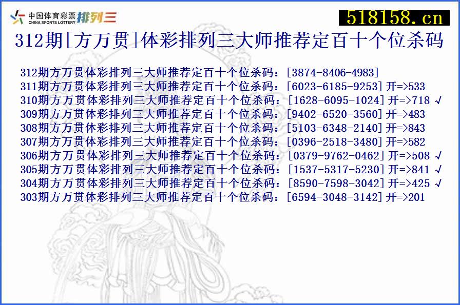 312期[方万贯]体彩排列三大师推荐定百十个位杀码