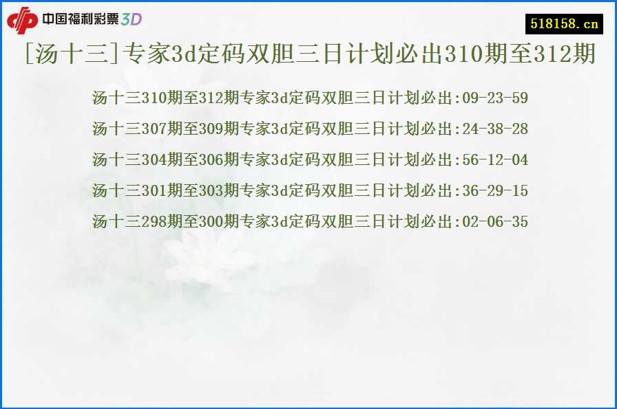 [汤十三]专家3d定码双胆三日计划必出310期至312期