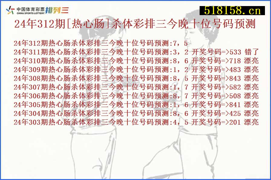 24年312期[热心肠]杀体彩排三今晚十位号码预测