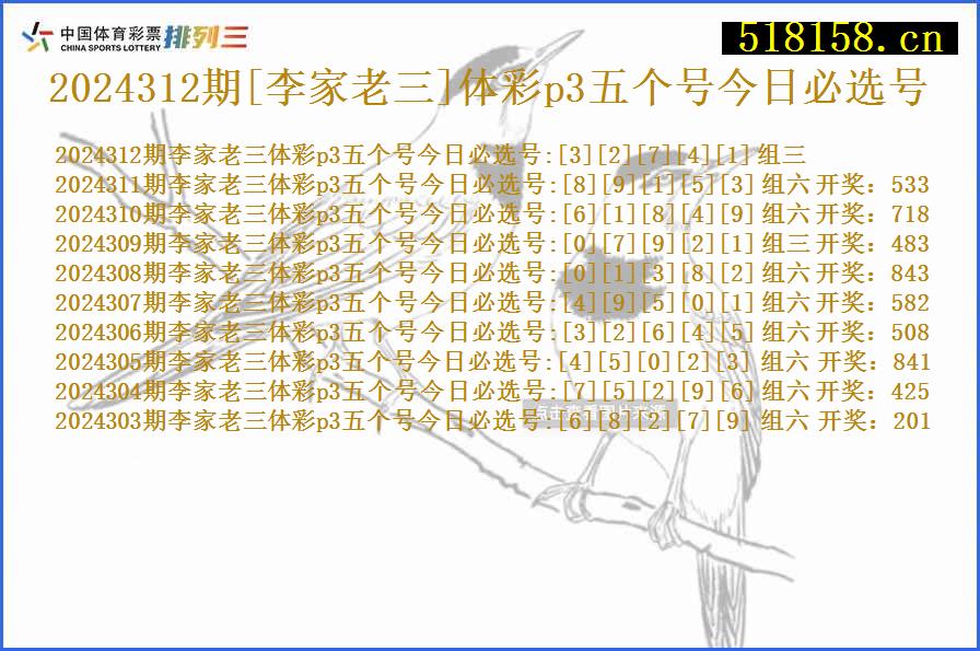 2024312期[李家老三]体彩p3五个号今日必选号