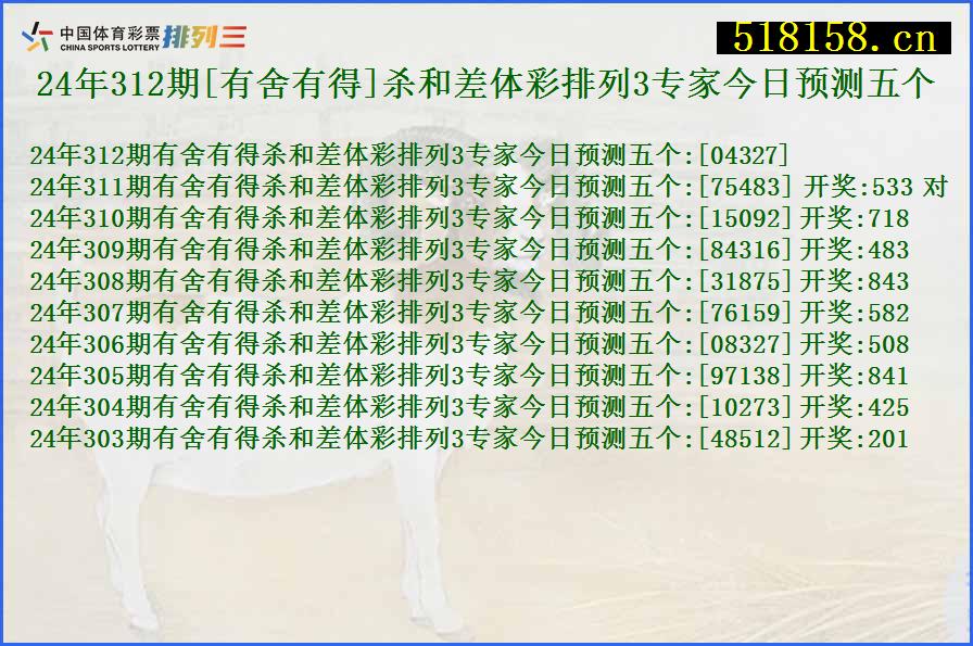 24年312期[有舍有得]杀和差体彩排列3专家今日预测五个