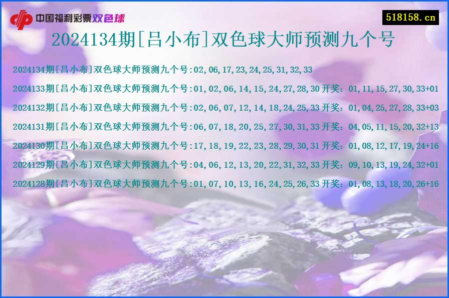 2024134期[吕小布]双色球大师预测九个号