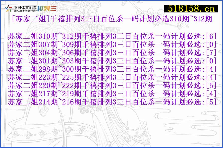 [苏家二姐]千禧排列3三日百位杀一码计划必选310期~312期