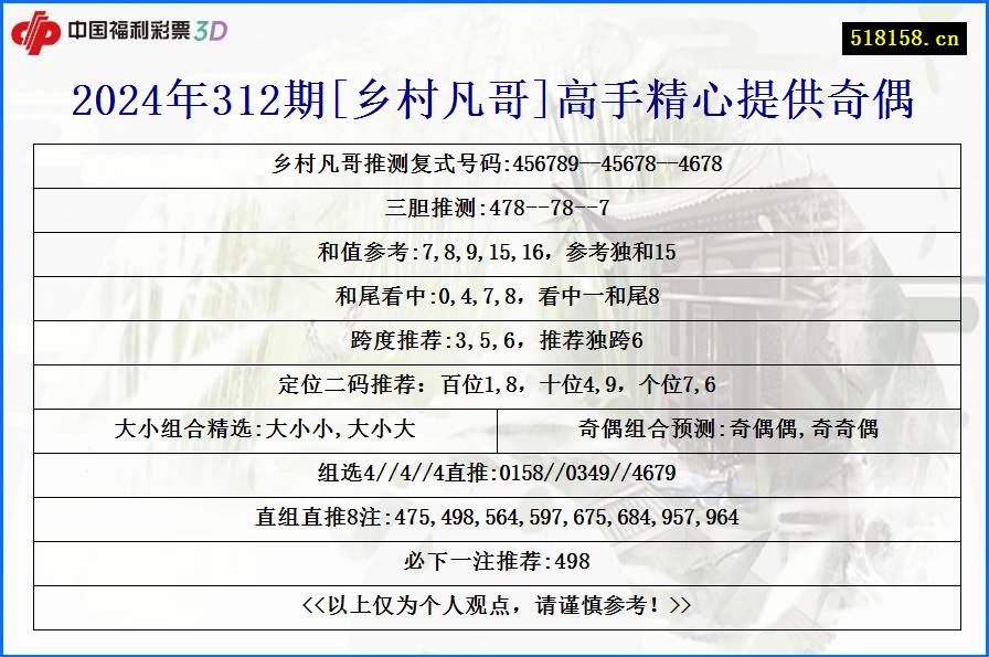 2024年312期[乡村凡哥]高手精心提供奇偶