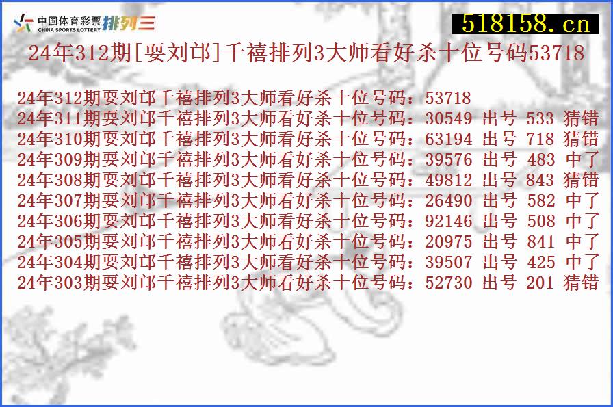 24年312期[耍刘邙]千禧排列3大师看好杀十位号码53718