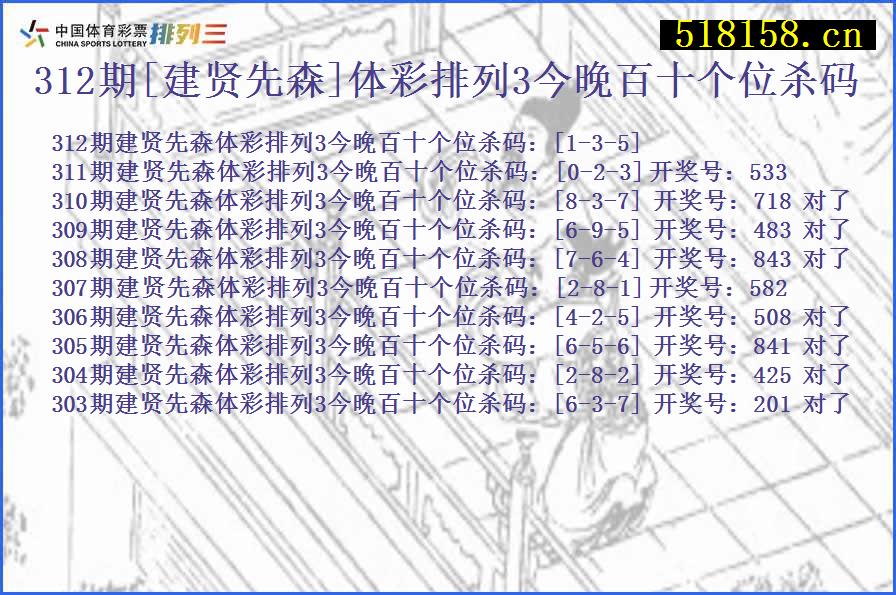 312期[建贤先森]体彩排列3今晚百十个位杀码