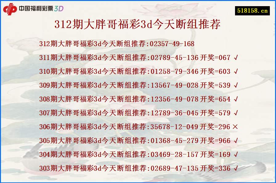 312期大胖哥福彩3d今天断组推荐