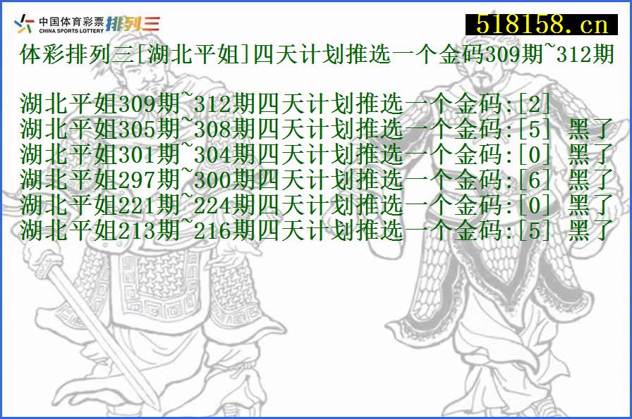 体彩排列三[湖北平姐]四天计划推选一个金码309期~312期