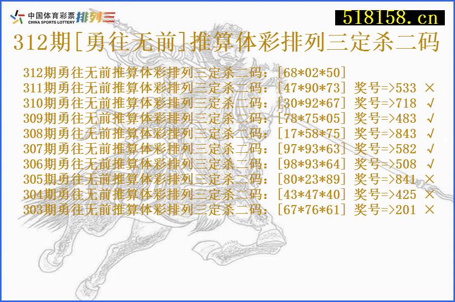 312期[勇往无前]推算体彩排列三定杀二码