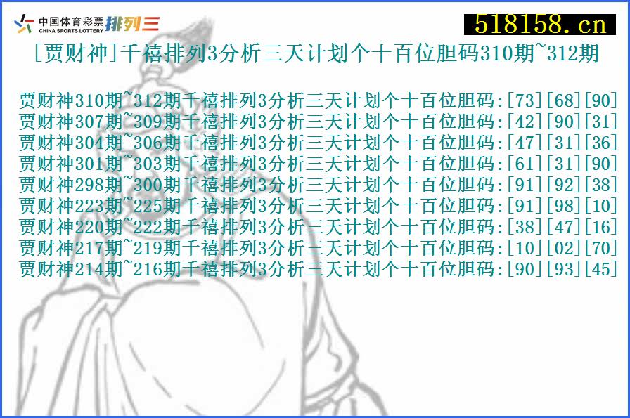 [贾财神]千禧排列3分析三天计划个十百位胆码310期~312期