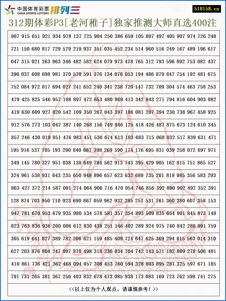 312期体彩P3[老河稚子]独家推测大师直选400注