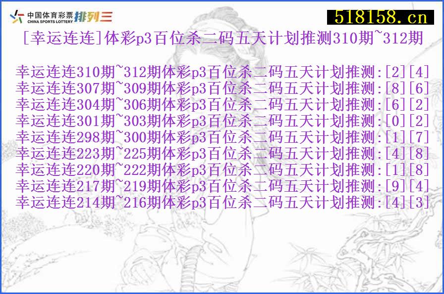 [幸运连连]体彩p3百位杀二码五天计划推测310期~312期