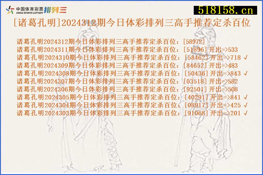 [诸葛孔明]2024312期今日体彩排列三高手推荐定杀百位