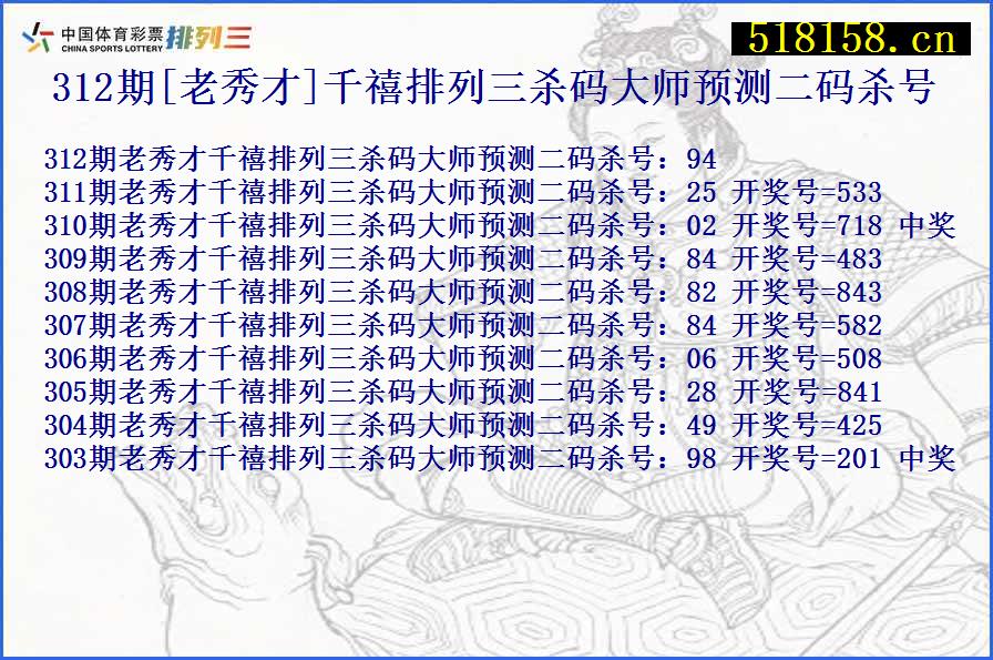 312期[老秀才]千禧排列三杀码大师预测二码杀号