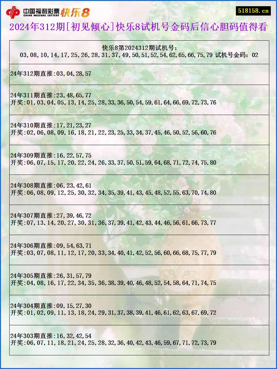 2024年312期[初见倾心]快乐8试机号金码后信心胆码值得看