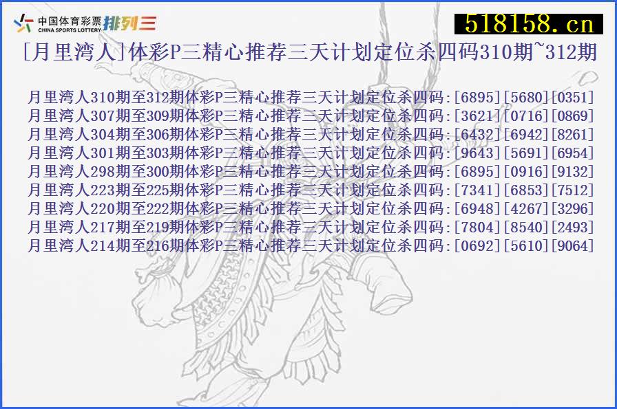 [月里湾人]体彩P三精心推荐三天计划定位杀四码310期~312期