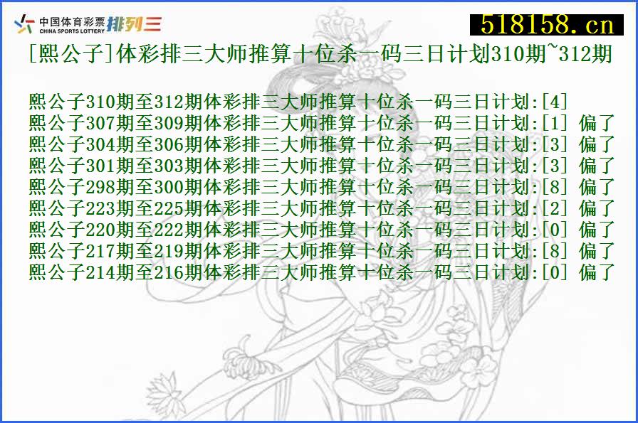 [熙公子]体彩排三大师推算十位杀一码三日计划310期~312期