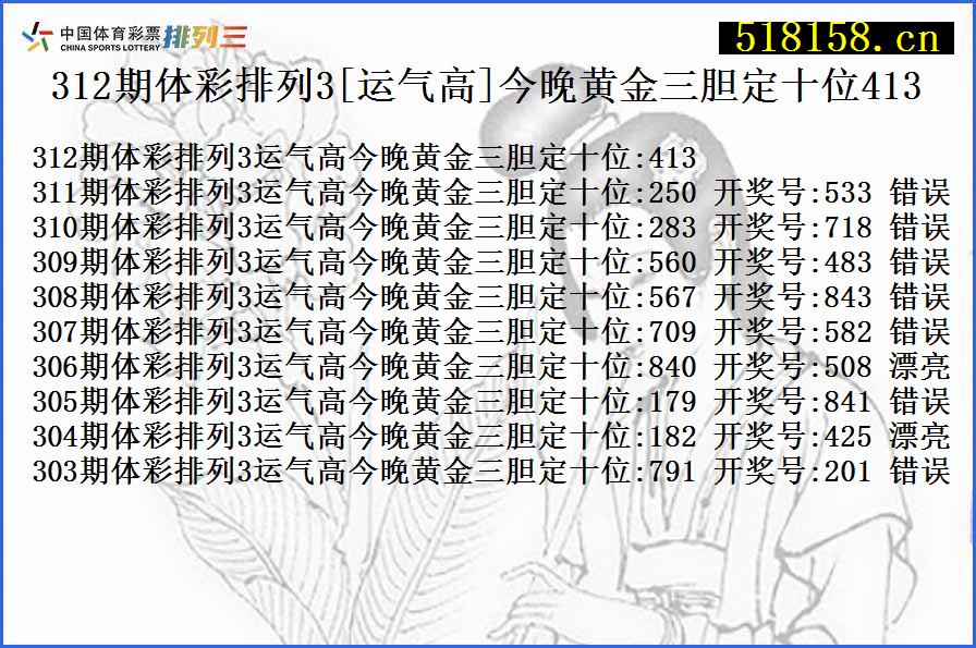 312期体彩排列3[运气高]今晚黄金三胆定十位413