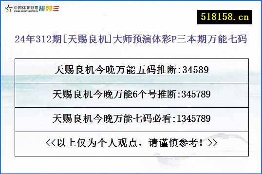 24年312期[天赐良机]大师预演体彩P三本期万能七码