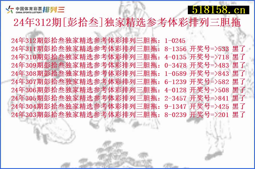 24年312期[彭拾叁]独家精选参考体彩排列三胆拖