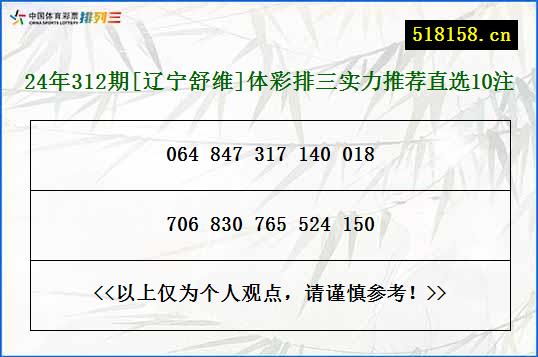 24年312期[辽宁舒维]体彩排三实力推荐直选10注