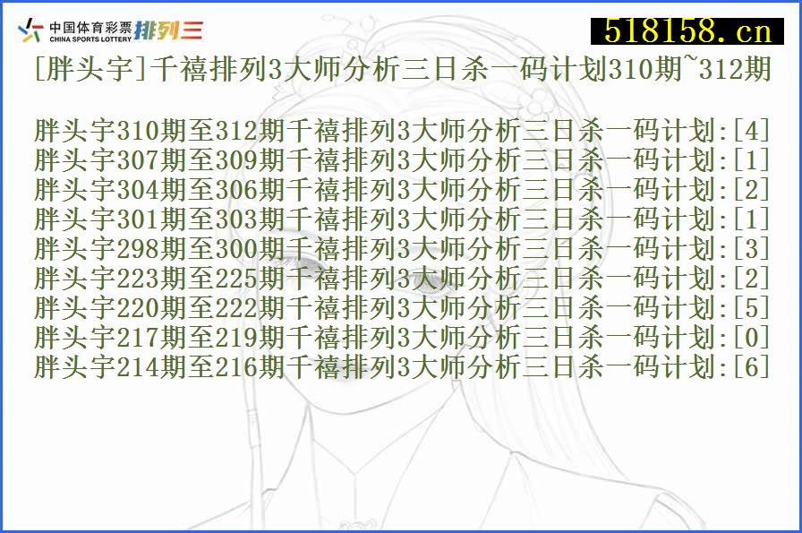 [胖头宇]千禧排列3大师分析三日杀一码计划310期~312期