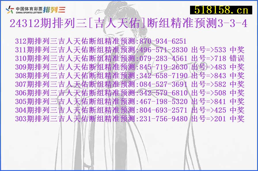 24312期排列三[吉人天佑]断组精准预测3-3-4
