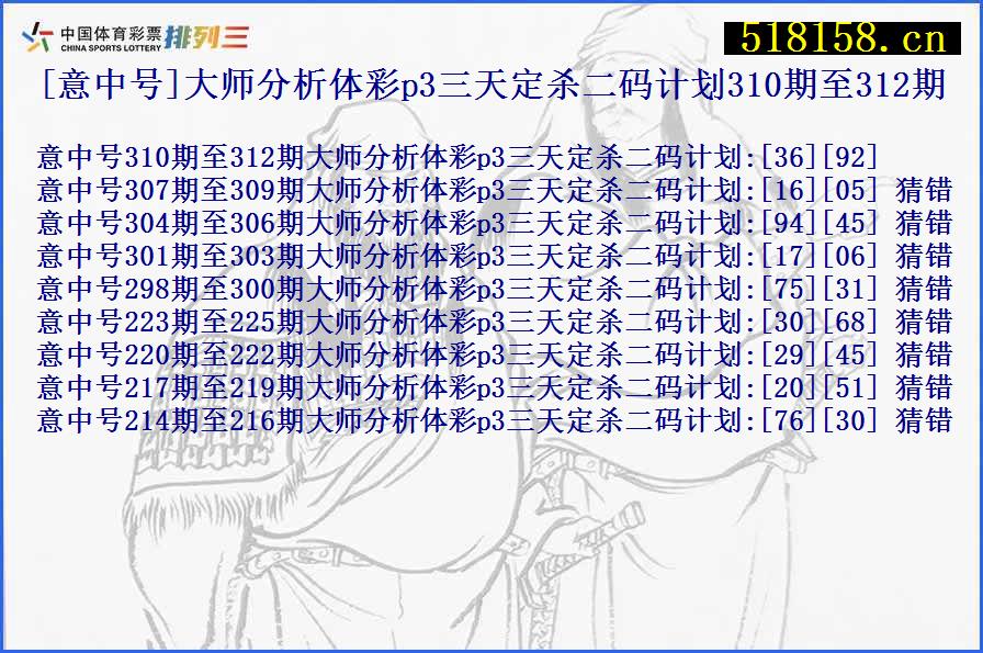 [意中号]大师分析体彩p3三天定杀二码计划310期至312期