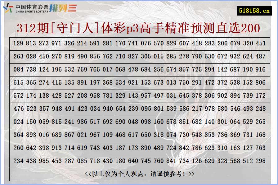 312期[守门人]体彩p3高手精准预测直选200