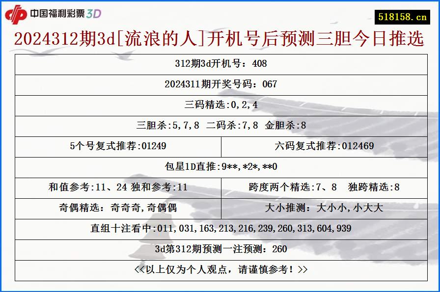 2024312期3d[流浪的人]开机号后预测三胆今日推选