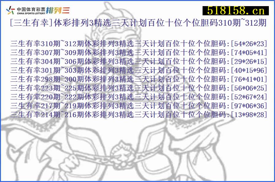 [三生有幸]体彩排列3精选三天计划百位十位个位胆码310期~312期