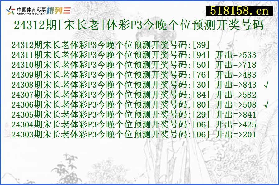 24312期[宋长老]体彩P3今晚个位预测开奖号码