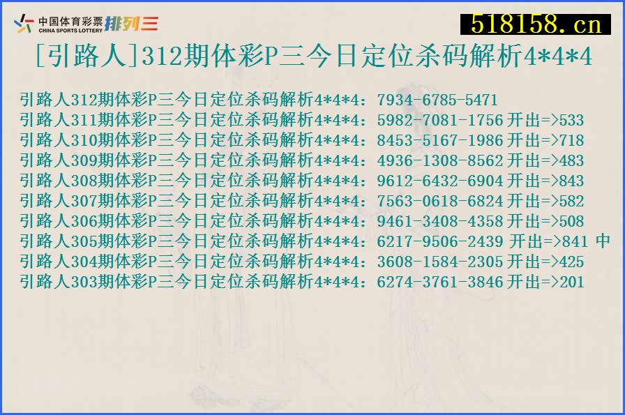 [引路人]312期体彩P三今日定位杀码解析4*4*4