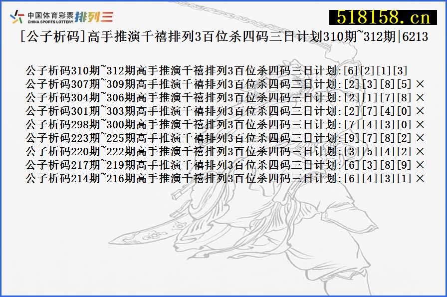 [公子析码]高手推演千禧排列3百位杀四码三日计划310期~312期|6213