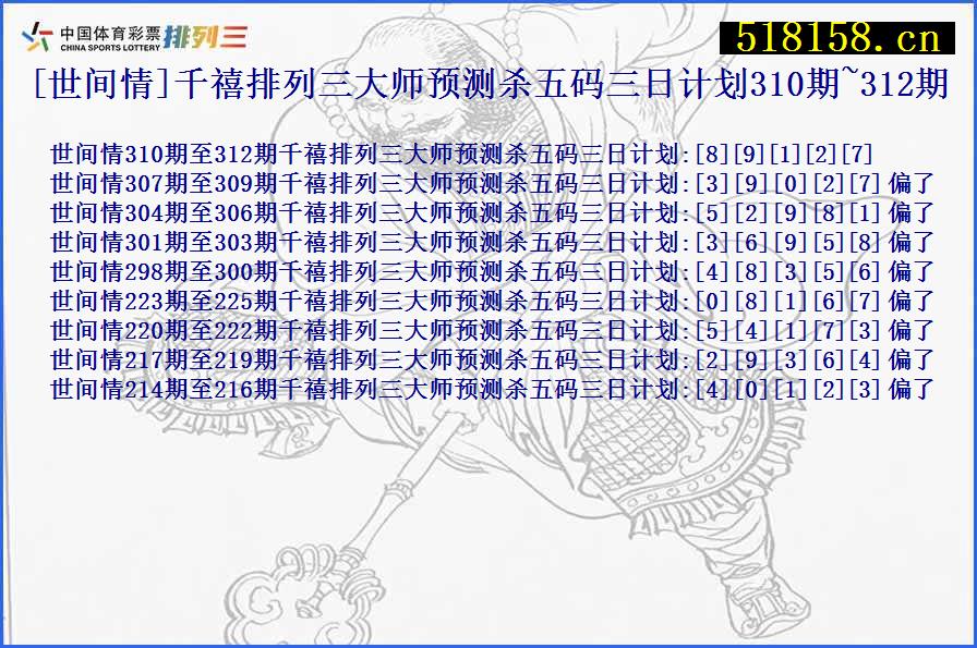 [世间情]千禧排列三大师预测杀五码三日计划310期~312期