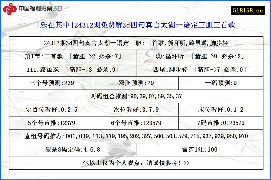 [乐在其中]24312期免费解3d四句真言太湖一语定三胆三首歌