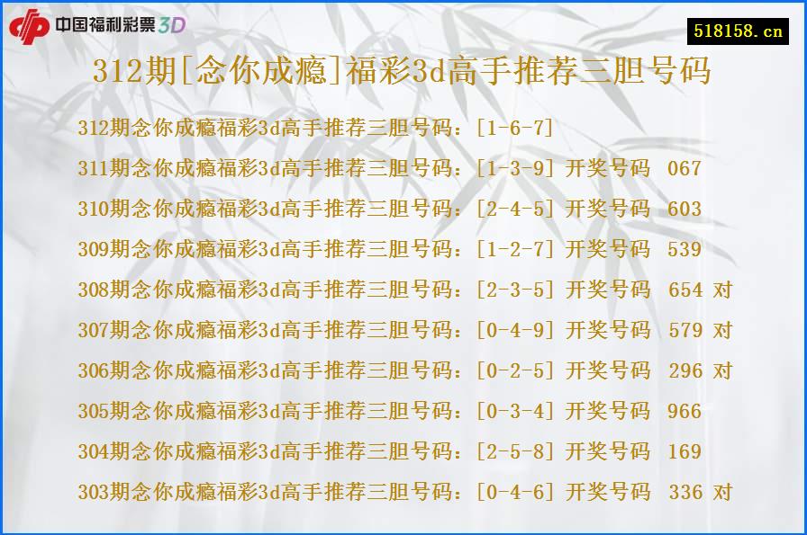 312期[念你成瘾]福彩3d高手推荐三胆号码