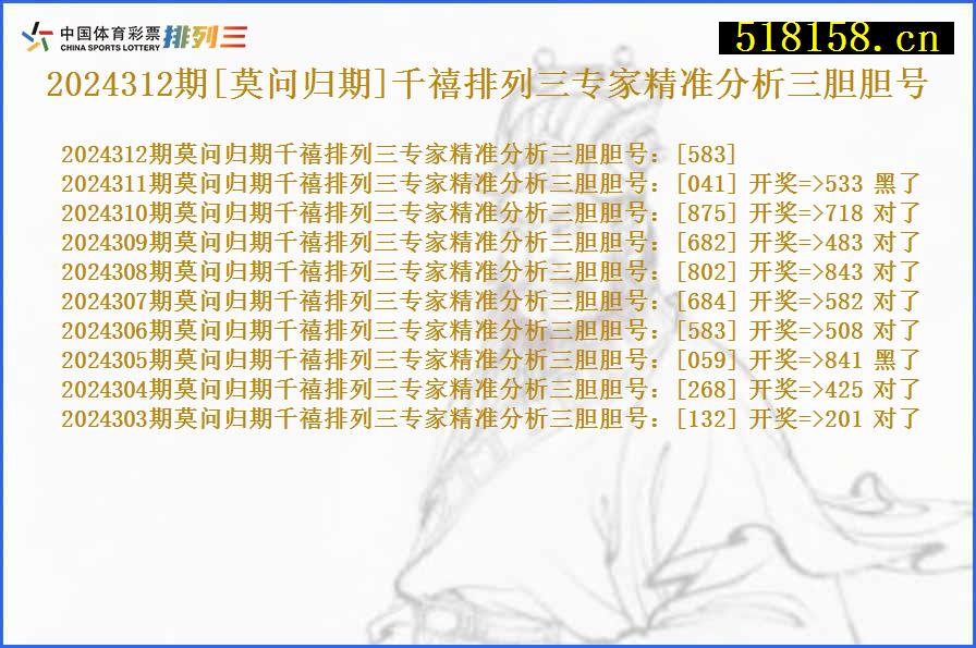 2024312期[莫问归期]千禧排列三专家精准分析三胆胆号