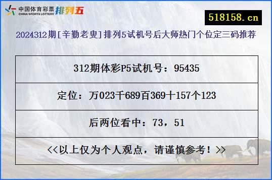 2024312期[辛勤老叟]排列5试机号后大师热门个位定三码推荐