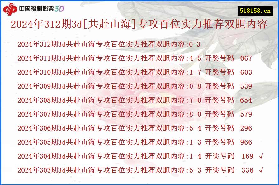 2024年312期3d[共赴山海]专攻百位实力推荐双胆内容