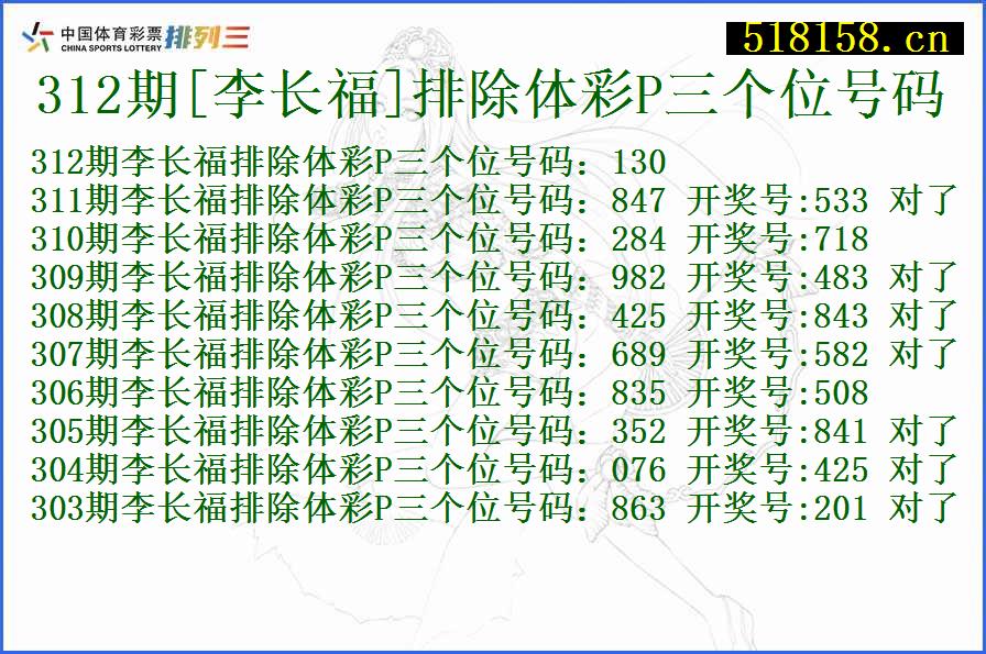 312期[李长福]排除体彩P三个位号码