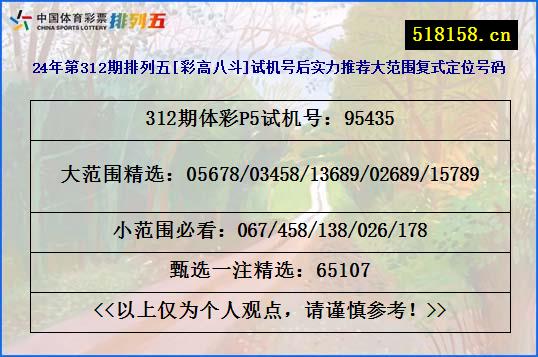 24年第312期排列五[彩高八斗]试机号后实力推荐大范围复式定位号码