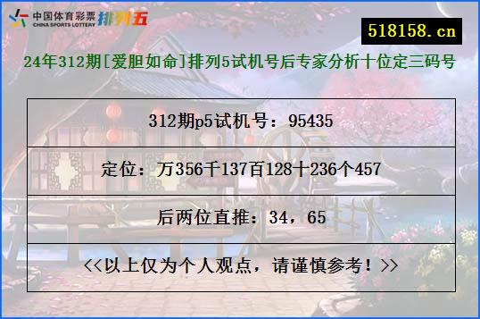 24年312期[爱胆如命]排列5试机号后专家分析十位定三码号