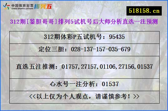 312期[鉴胆哥哥]排列5试机号后大师分析直选一注预测