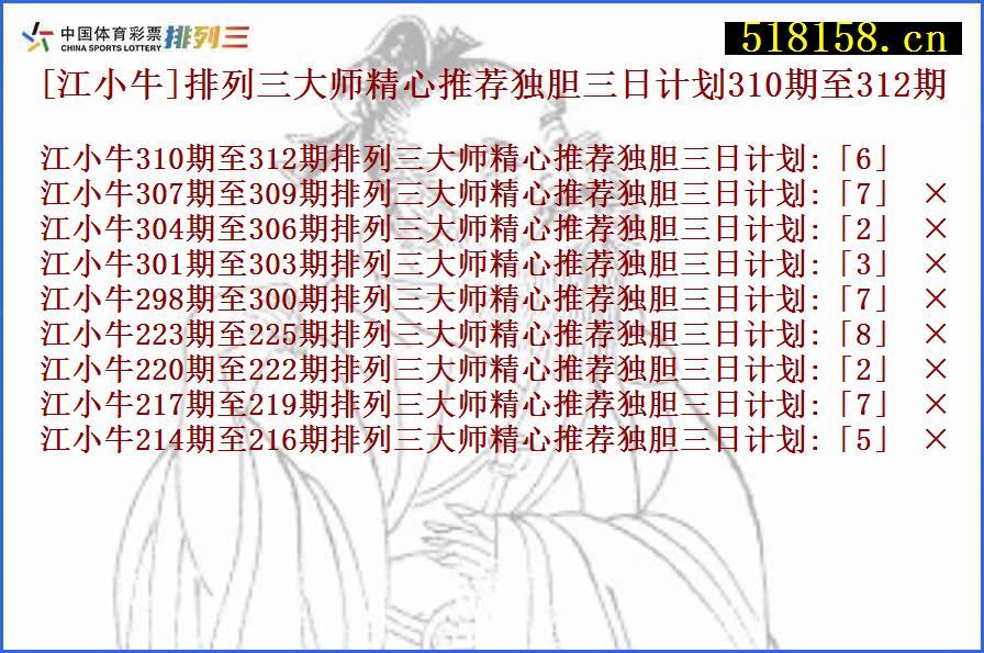 [江小牛]排列三大师精心推荐独胆三日计划310期至312期